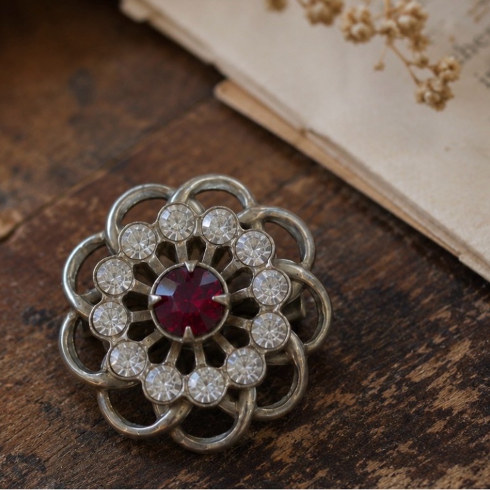 Vintage Ruby Red Rhinestone Floral Brooch Gold Tone Pin